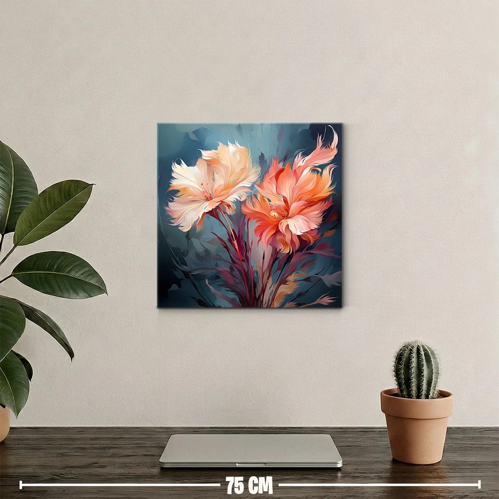 Cuadro floral con tonos cálidos y fondo azul profundo — miniatura 2