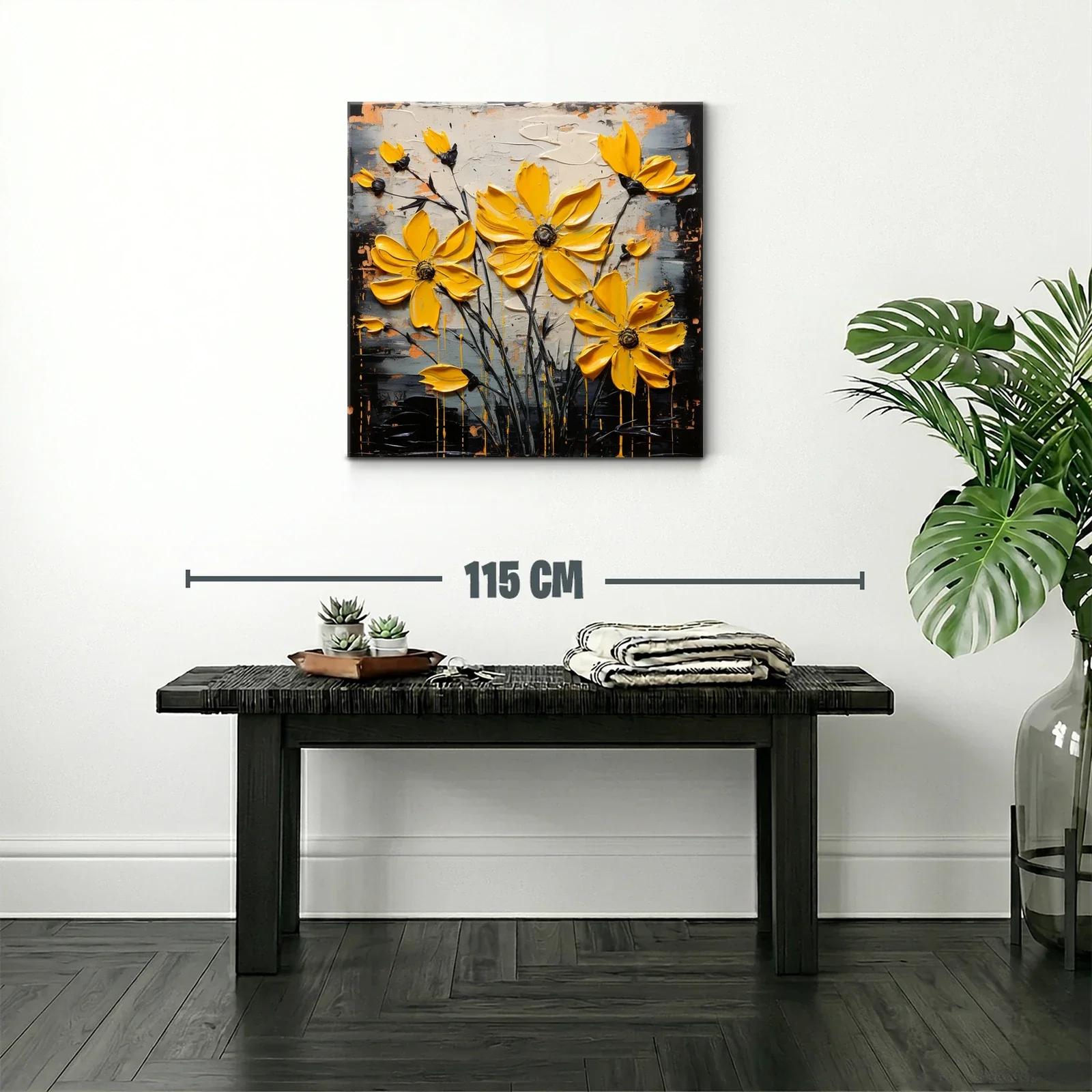Cuadro moderno con flores amarillas vibrantes y fondo abstracto — miniatura 2