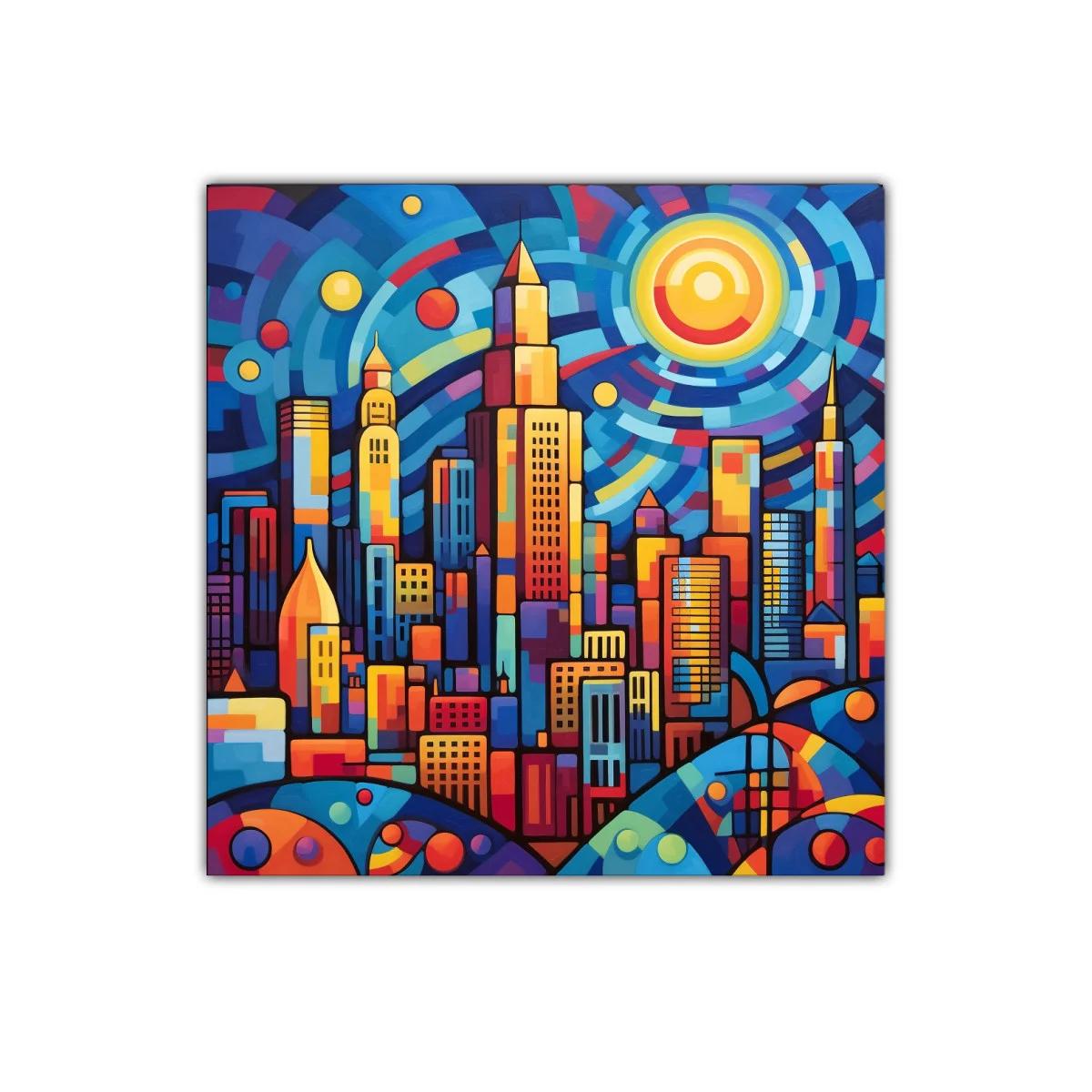 Ciudad vibrante bajo un cielo colorido y dinámico