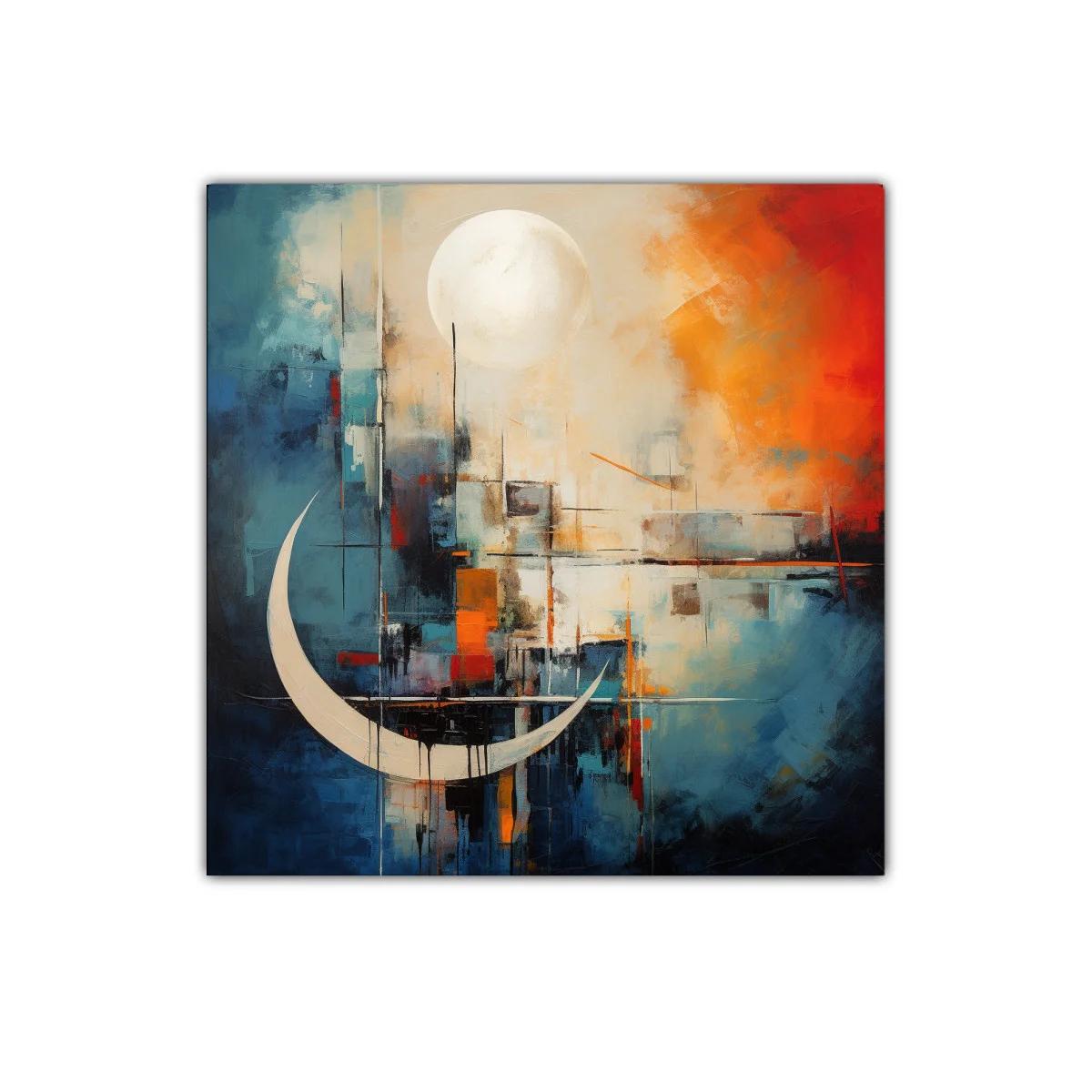 Cuadro abstracto con figuras lunares y paleta vibrante