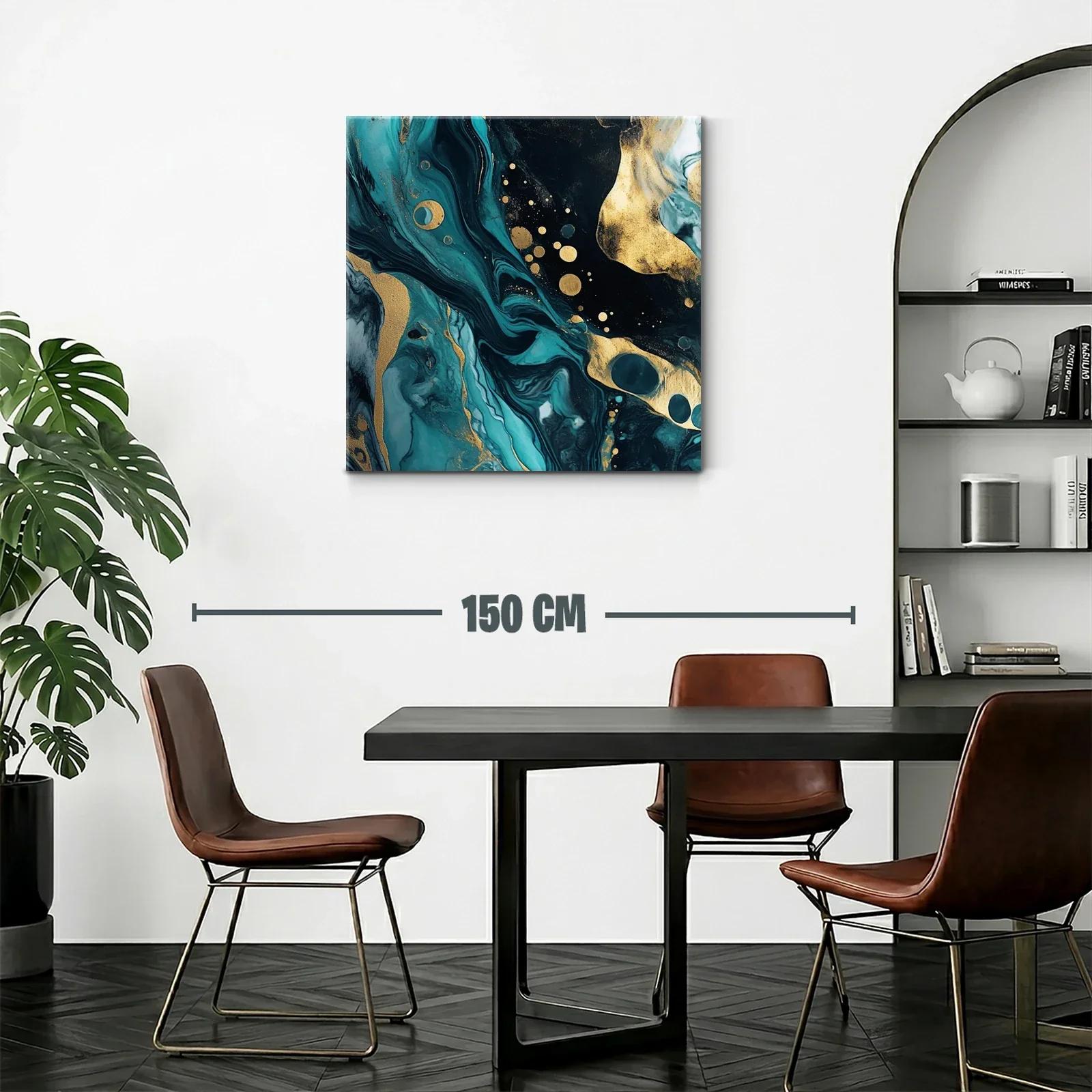 Cuadro abstracto con tonos turquesa y dorado vibrante — miniatura 2
