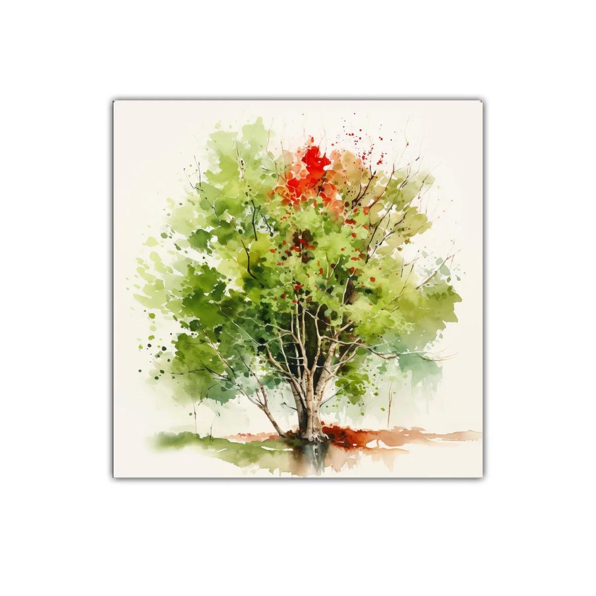 Árbol en acuarela con tonos verdes y toques otoñales