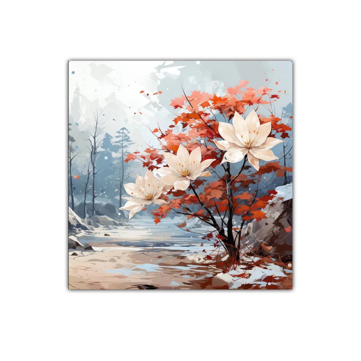 Flores blancas y hojas otoñales en paisaje sereno — imagen principal