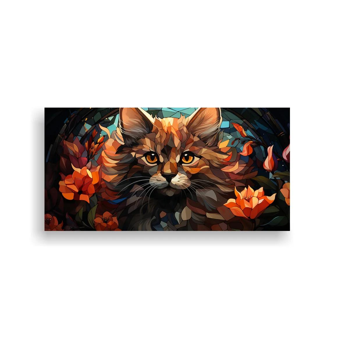 Cuadro gato de pelo largo con flores tipo lirio