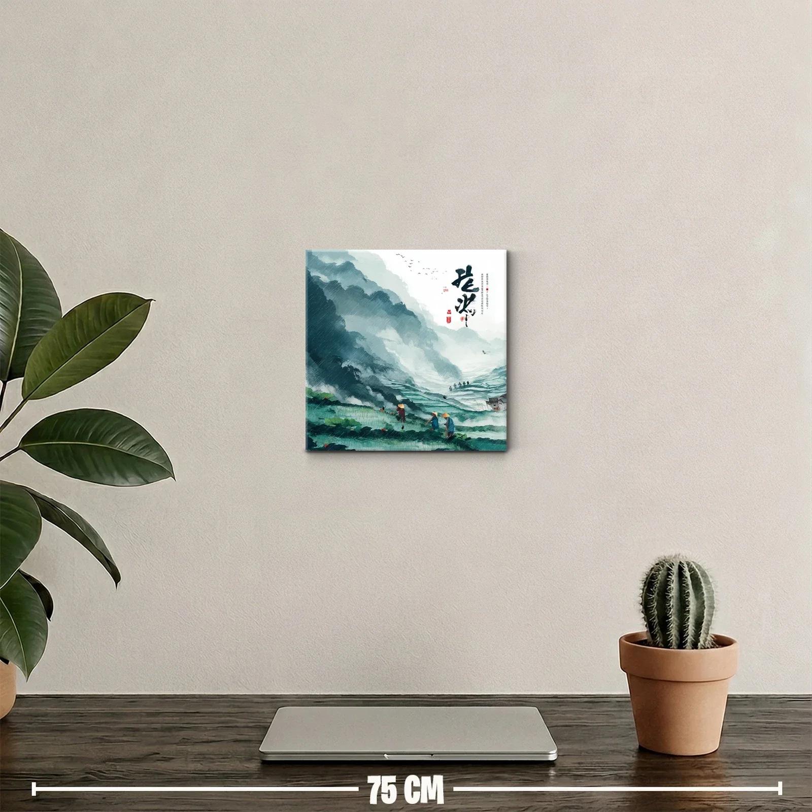 Paisaje sereno con montañas y campesinos en tonos verdes y azules — miniatura 2