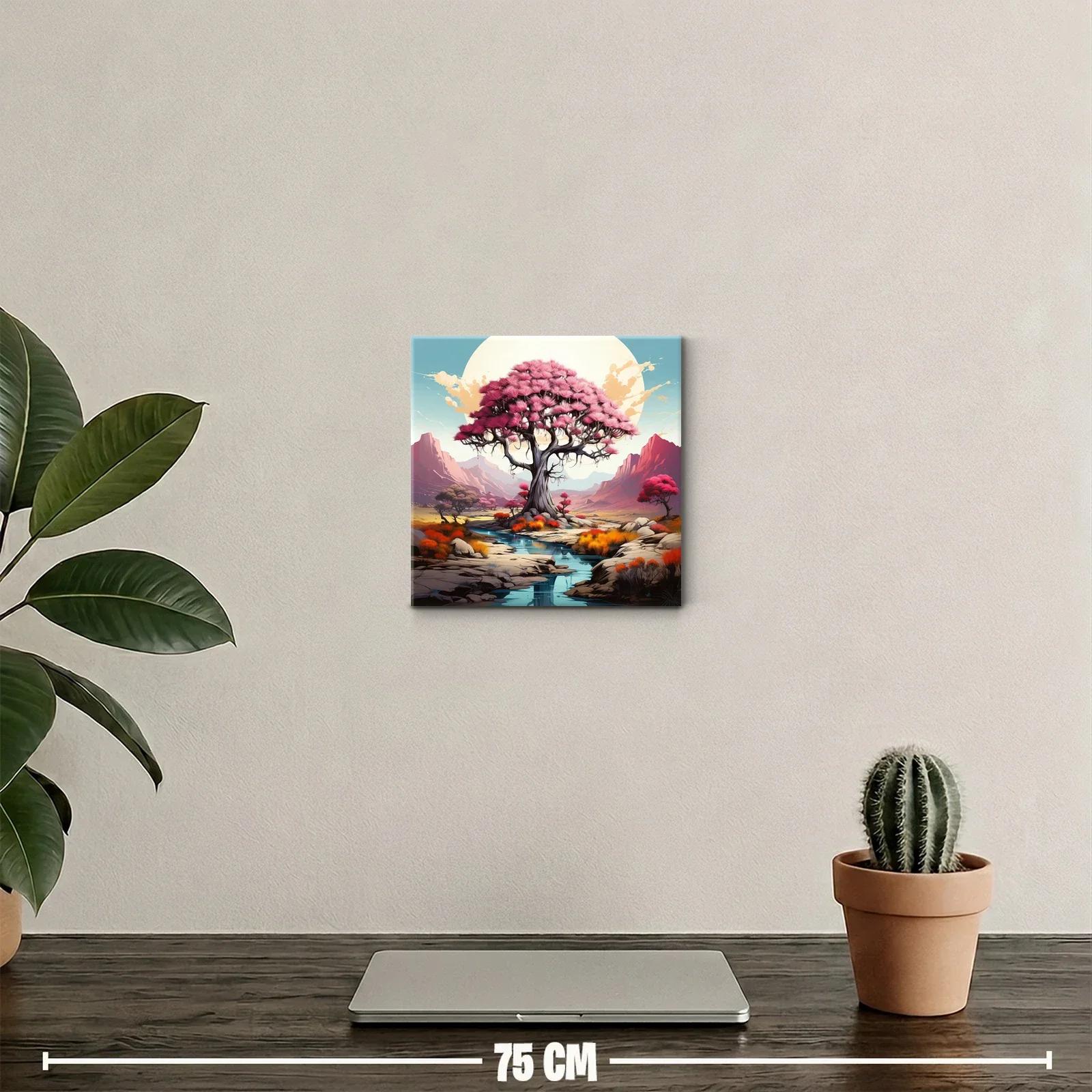 Árbol rosa en paisaje sereno con montañas al fondo — miniatura 2