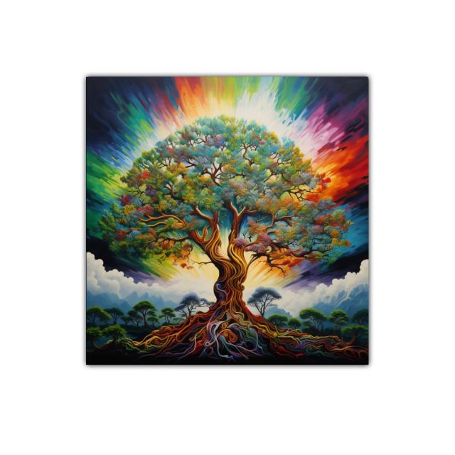 Árbol vibrante con raíces coloridas y cielo iridiscente