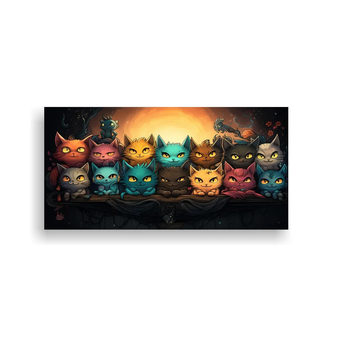 Cuadro grupo de gatos de ojos grandes con halo dorado