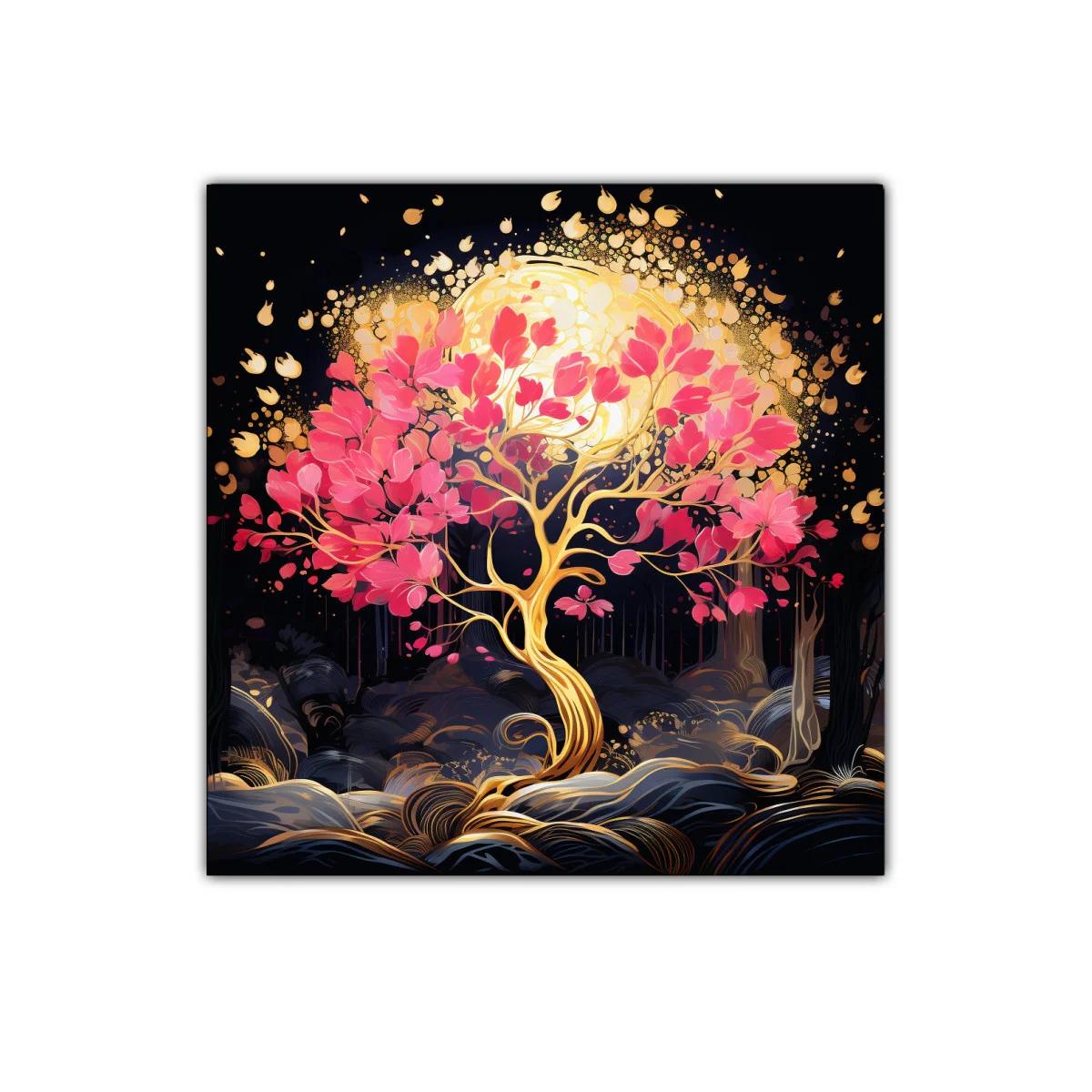 Árbol dorado con hojas rosas y luz resplandeciente