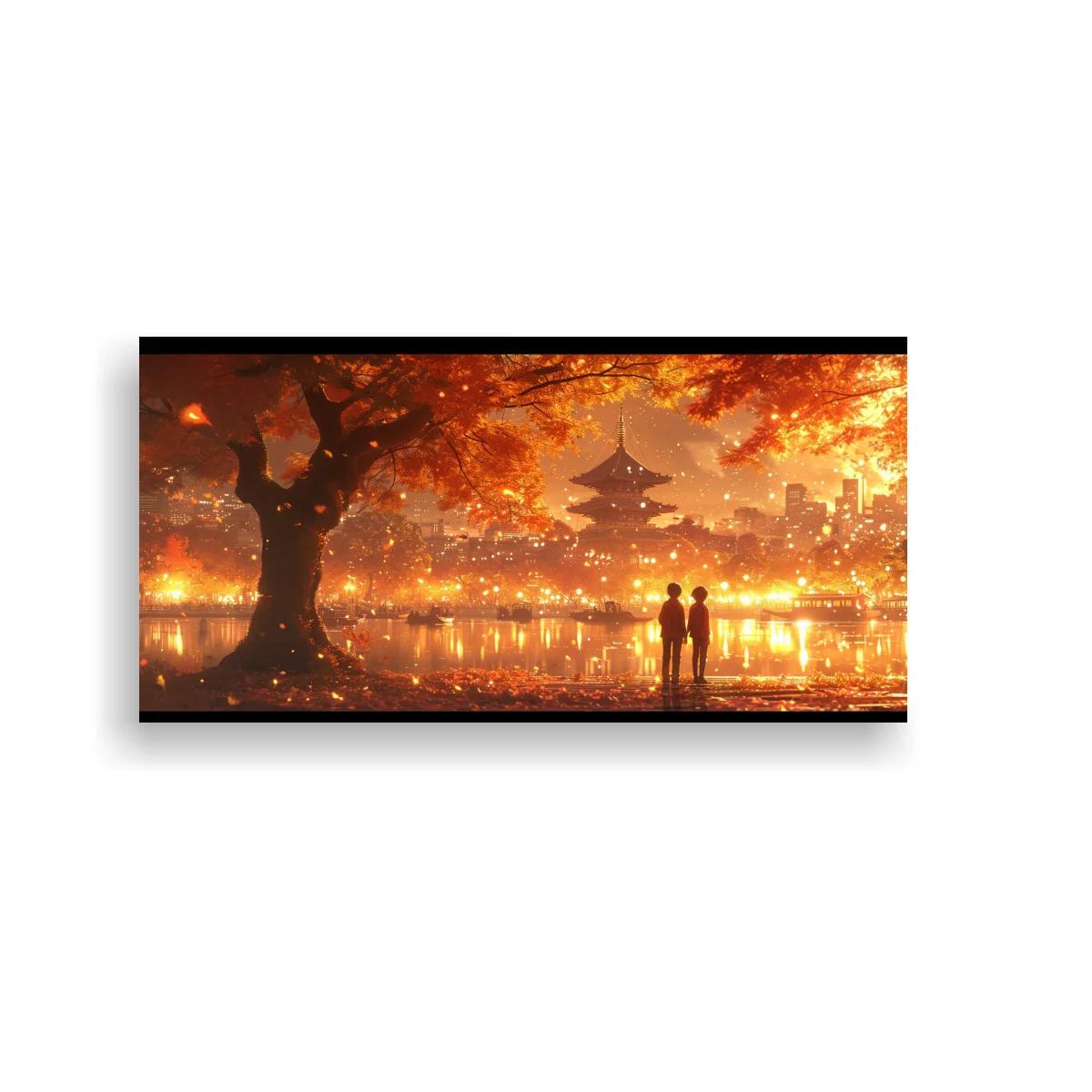 Cuadro paisaje otoñal con pagoda y lago reflectante