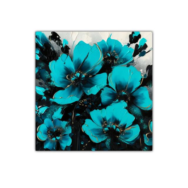 Cuadro decorativo con vibrantes flores en azul turquesa y negro
