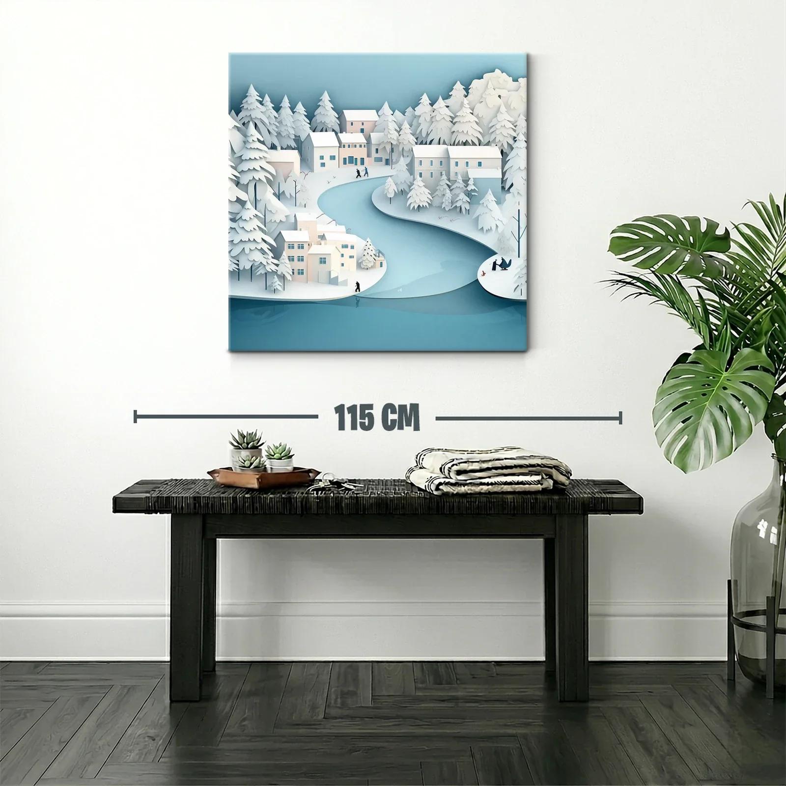 Paisaje invernal sereno con río y casas nevadas — miniatura 2