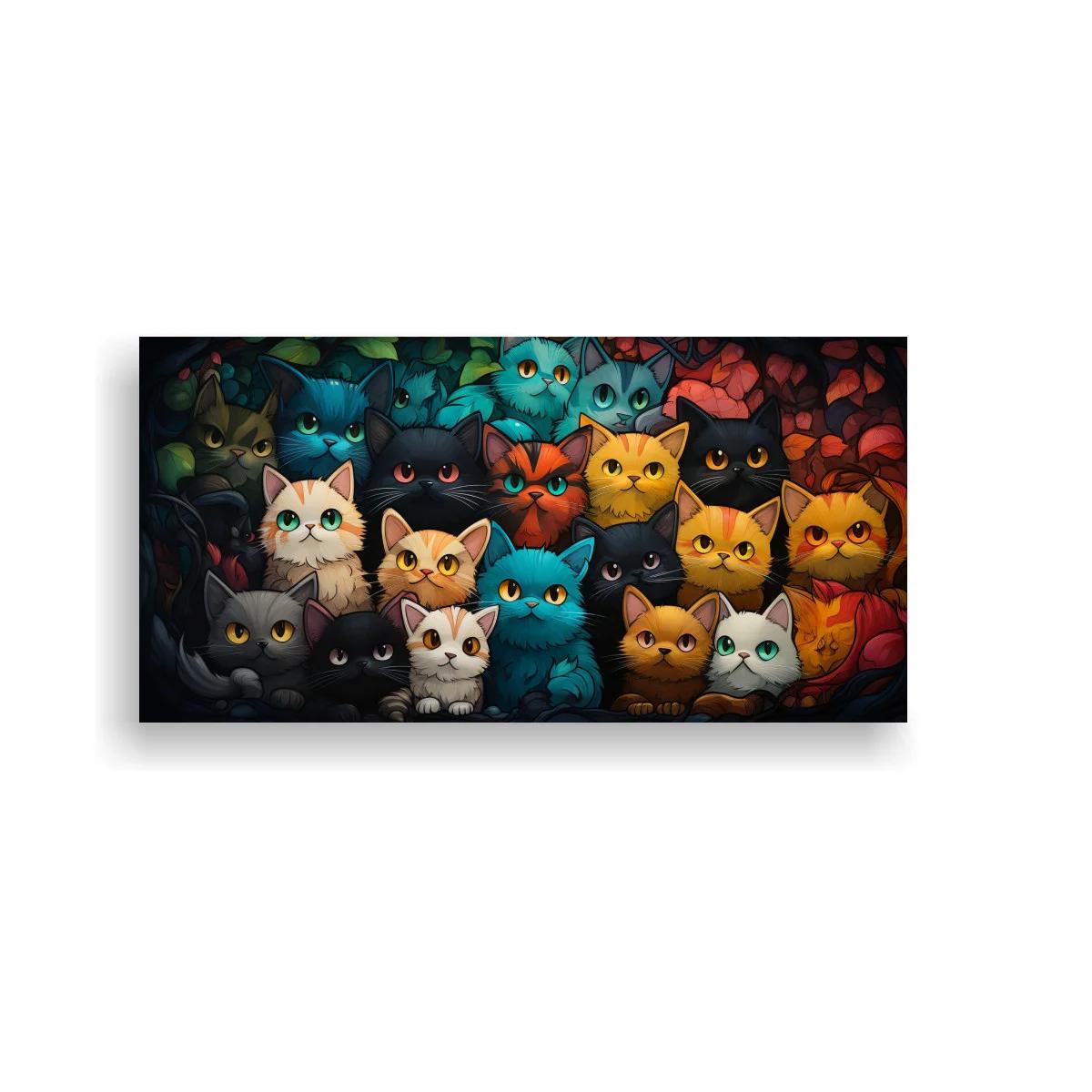 Cuadro grupo de gatos de colores entre flores rojas