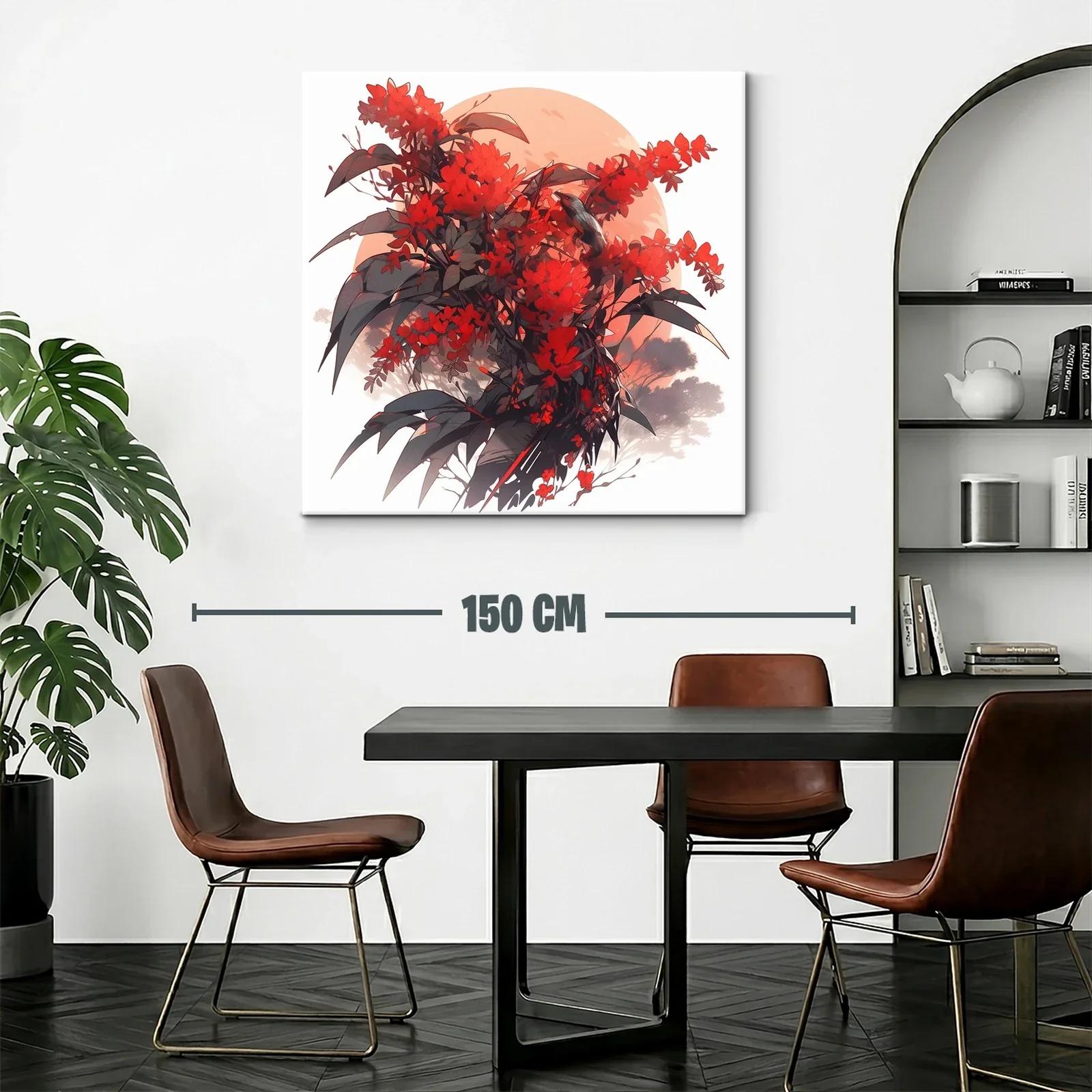Cuadro floral con aves en tonos rojizos y contraste oscuro — miniatura 2