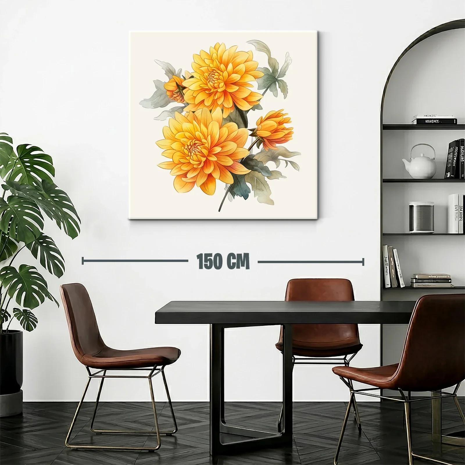 Cuadro floral con dalias en tonos cálidos y hojas verdes — miniatura 2