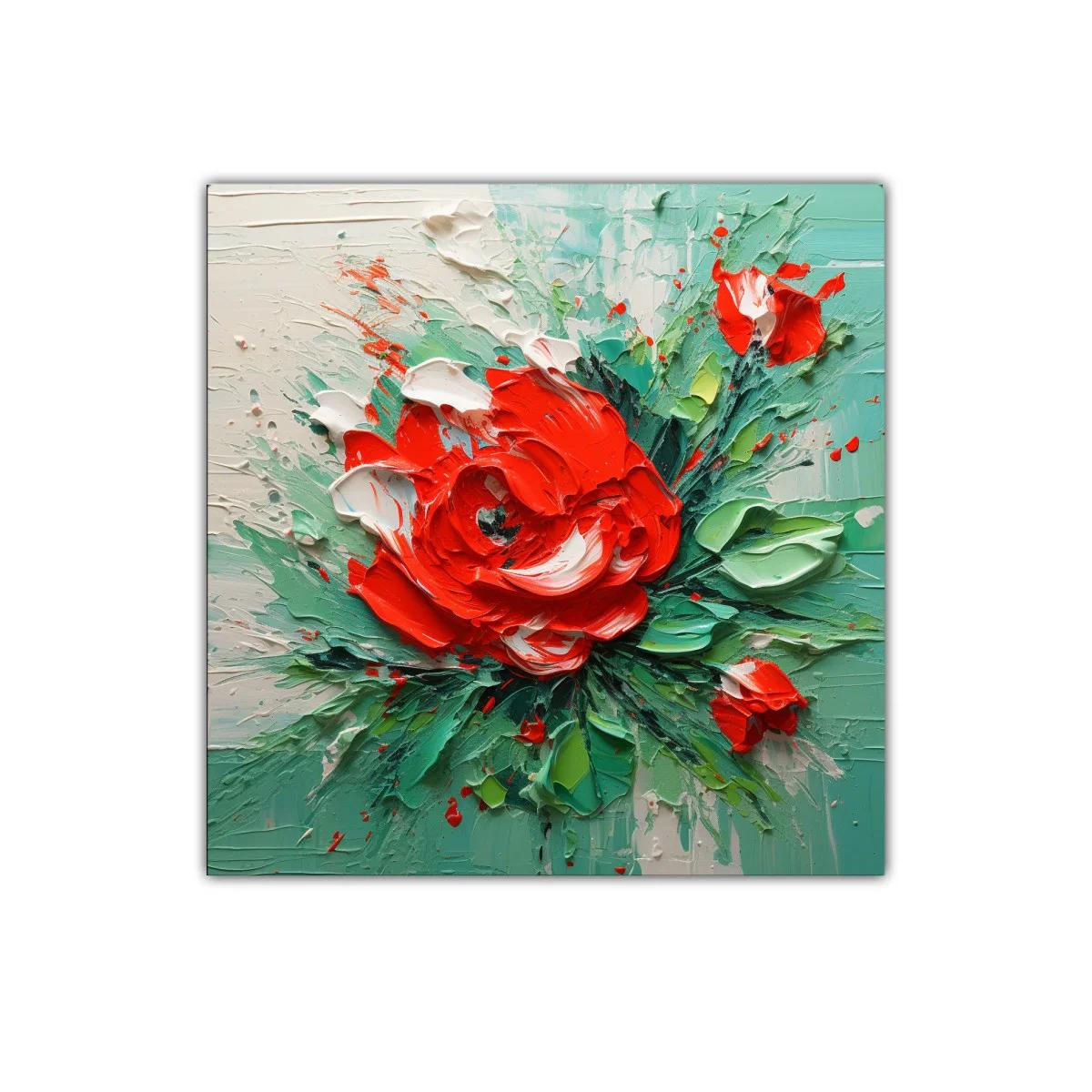 Cuadro floral vibrante con tonos verdes y rojos intensos