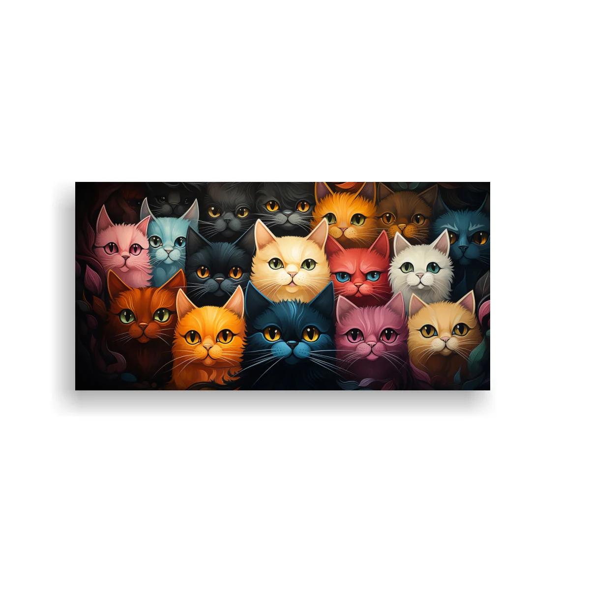 Cuadro grupo de gatos de colores emergiendo de un fondo oscuro