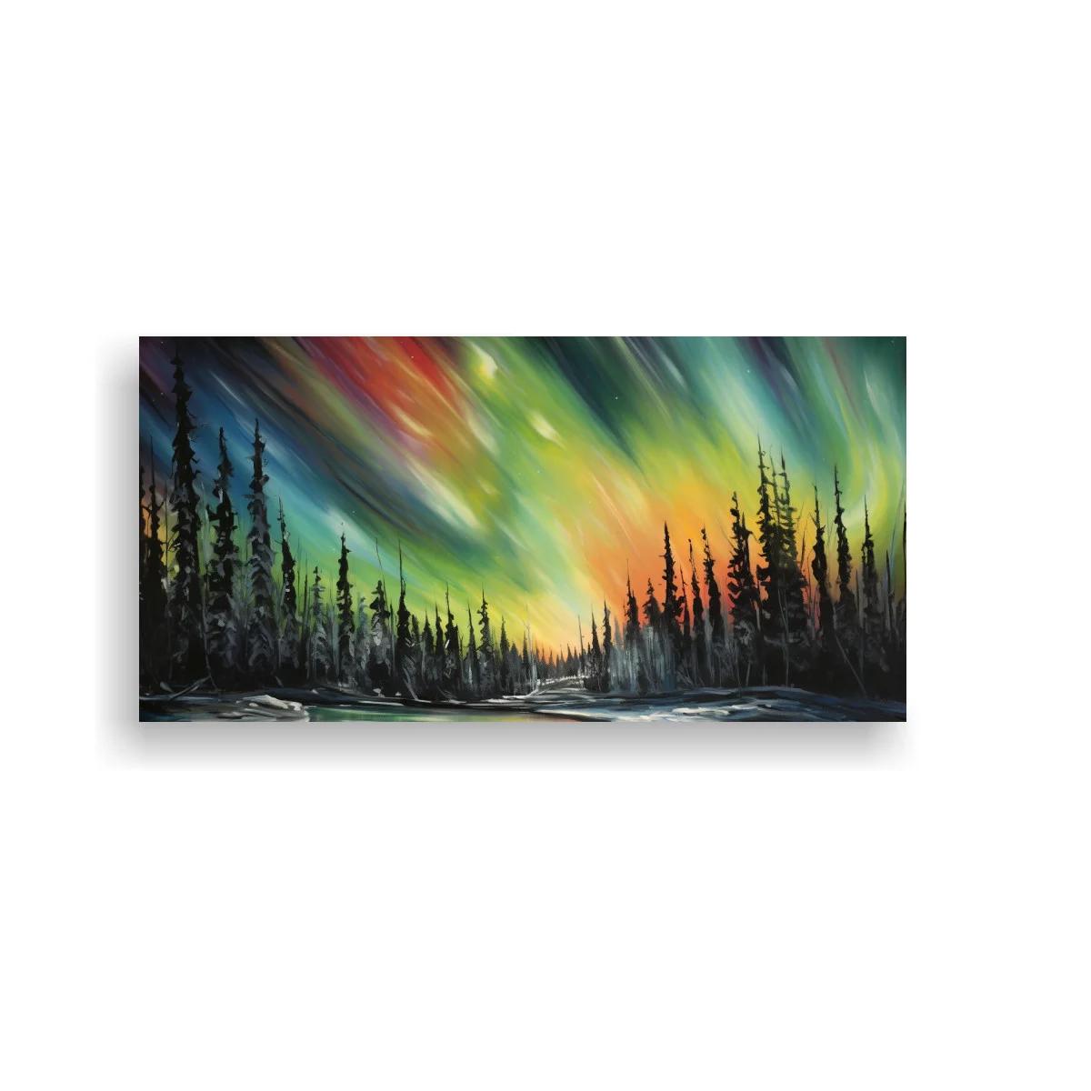 Cuadro aurora boreal sobre bosque de pinos