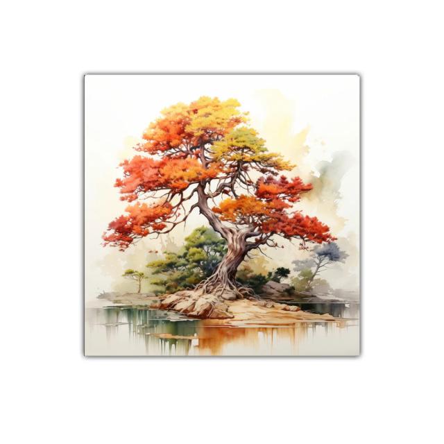 Árbol con tonos otoñales vibrantes sobre paisaje sereno