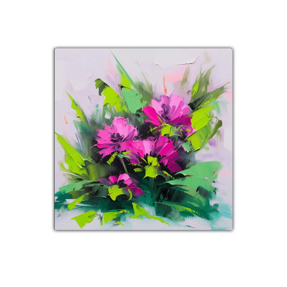 Cuadro floral vibrante con tonos fucsia y verdes intensos
