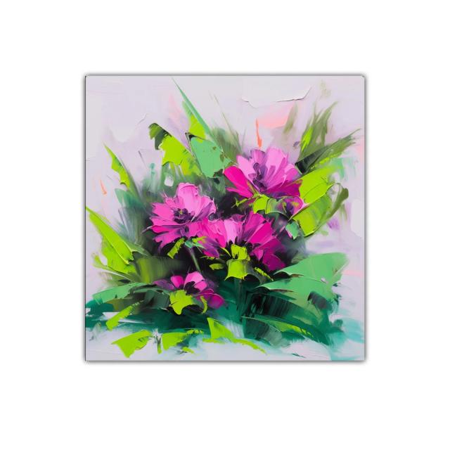 Cuadro floral vibrante con tonos fucsia y verdes intensos