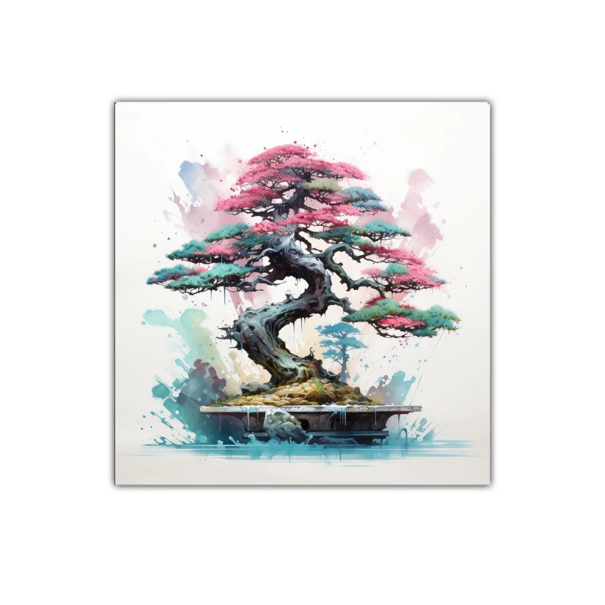 Árbol bonsái vibrante con tonos rosas y verdes