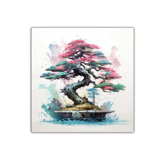 Árbol bonsái vibrante con tonos rosas y verdes