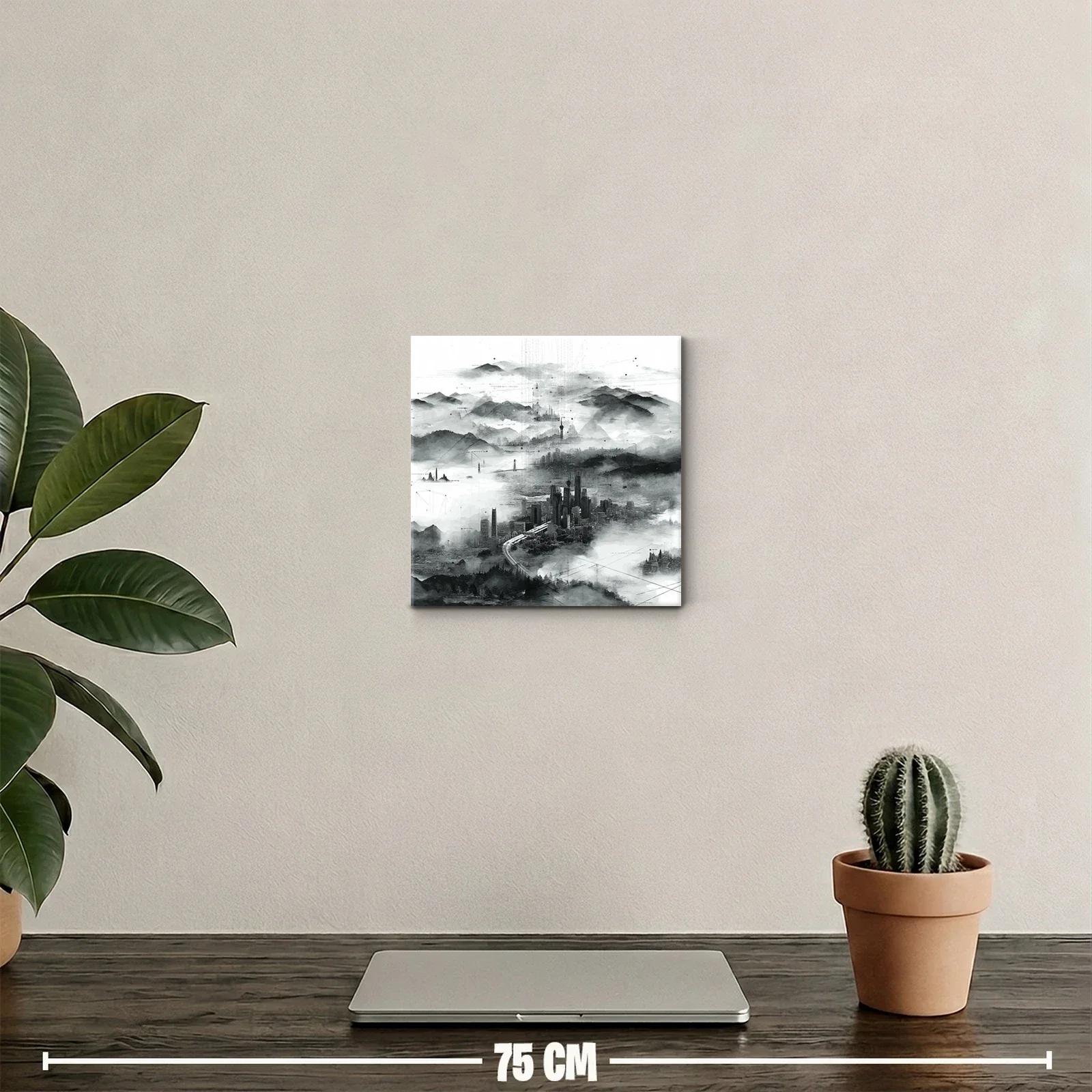 Paisaje urbano en niebla con detalles abstractos en tonos grises — miniatura 2