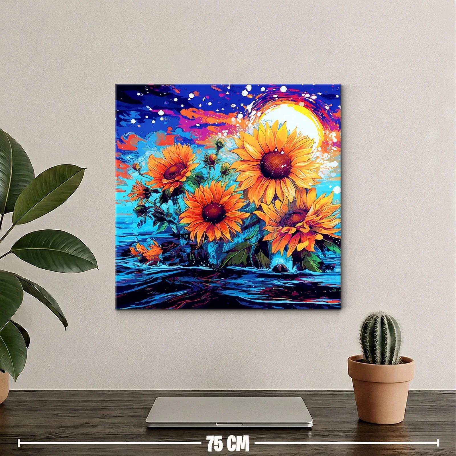 Cuadro vibrante de girasoles con fondo azul y naranja — miniatura 2