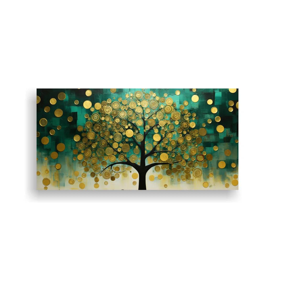 Cuadro árbol de la vida con círculos dorados y fondo turquesa