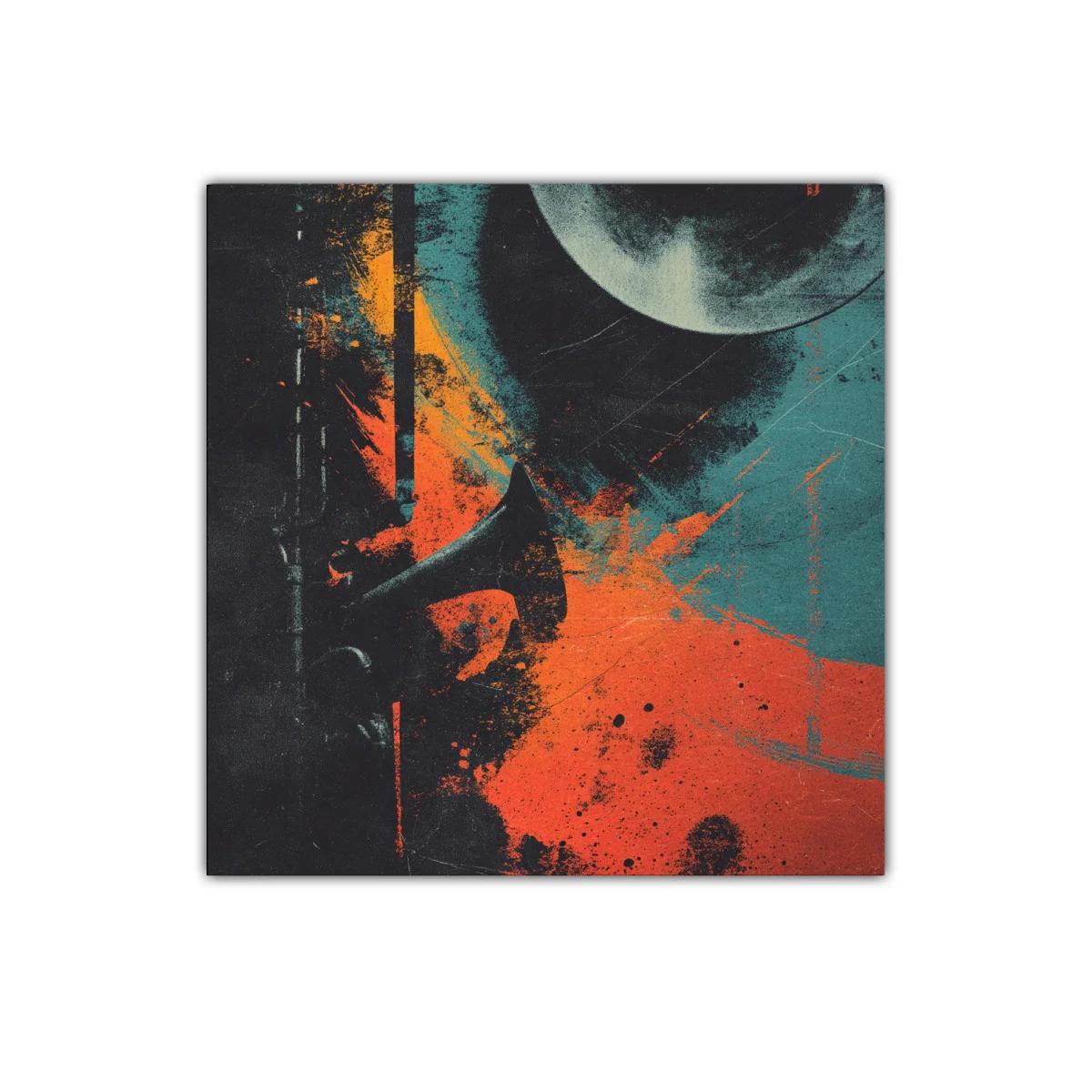 Cuadro abstracto con trompeta y explosión de color vibrante — imagen principal