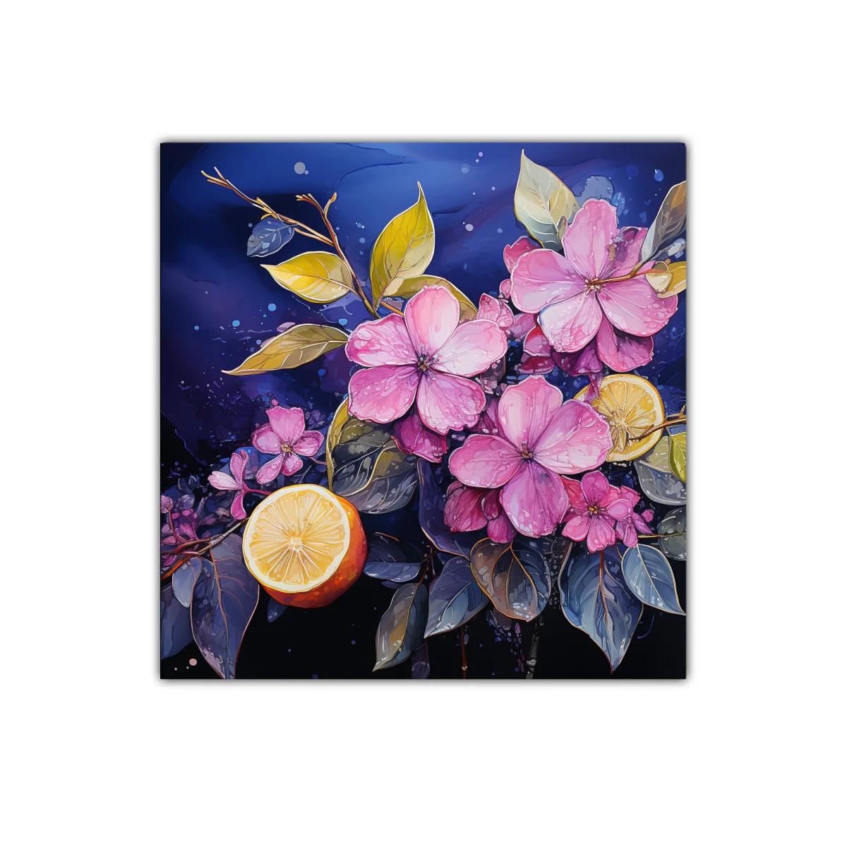 Cuadro decorativo con flores rosas y cítricos vibrantes