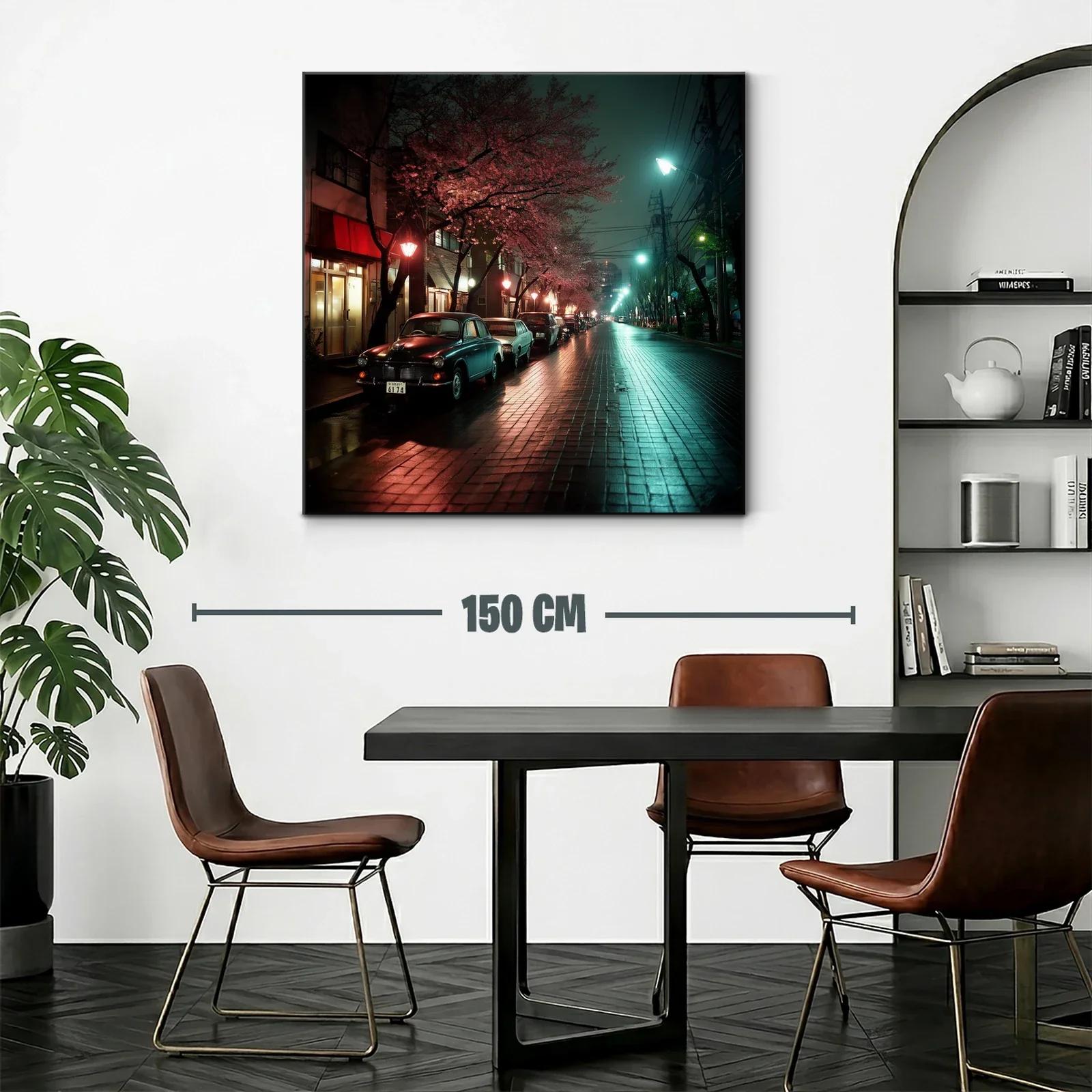 Calle nocturna con árboles rosados y coches clásicos — miniatura 2