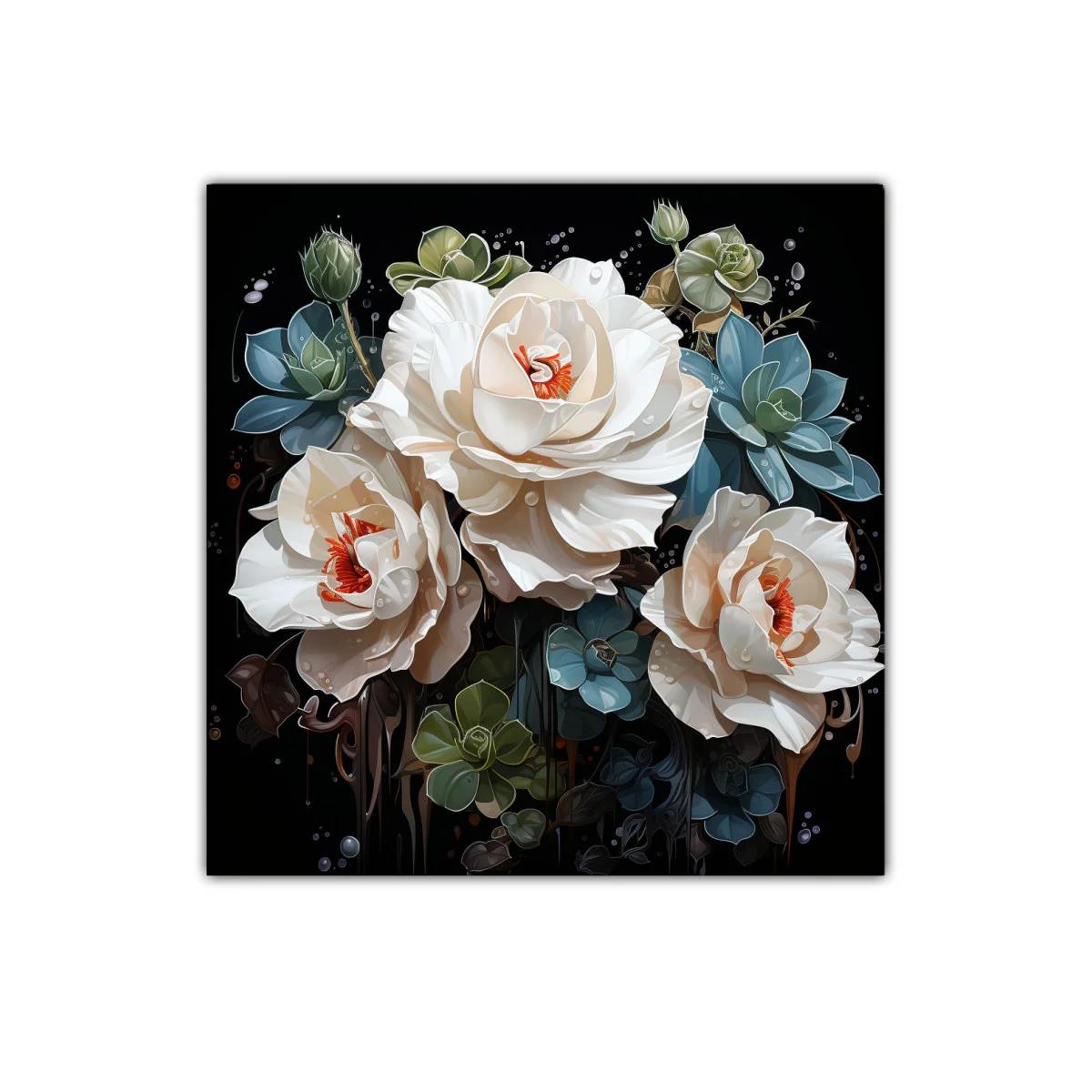 Ramo sofisticado de flores blancas y verdes sobre fondo negro — imagen principal