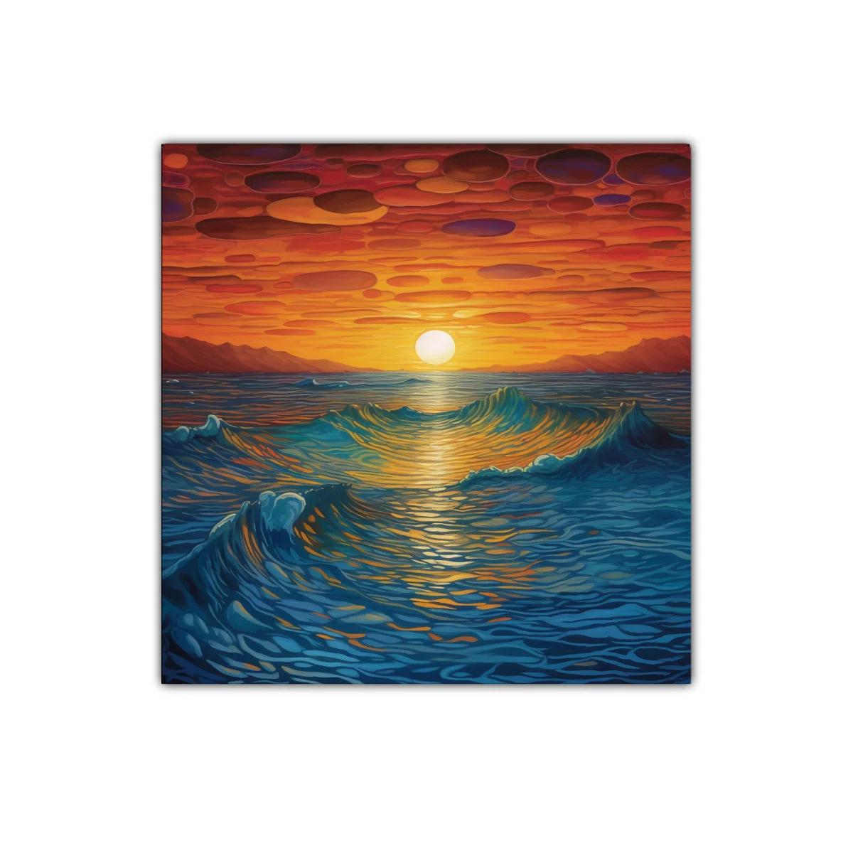 Atardecer vibrante sobre el mar con olas en movimiento