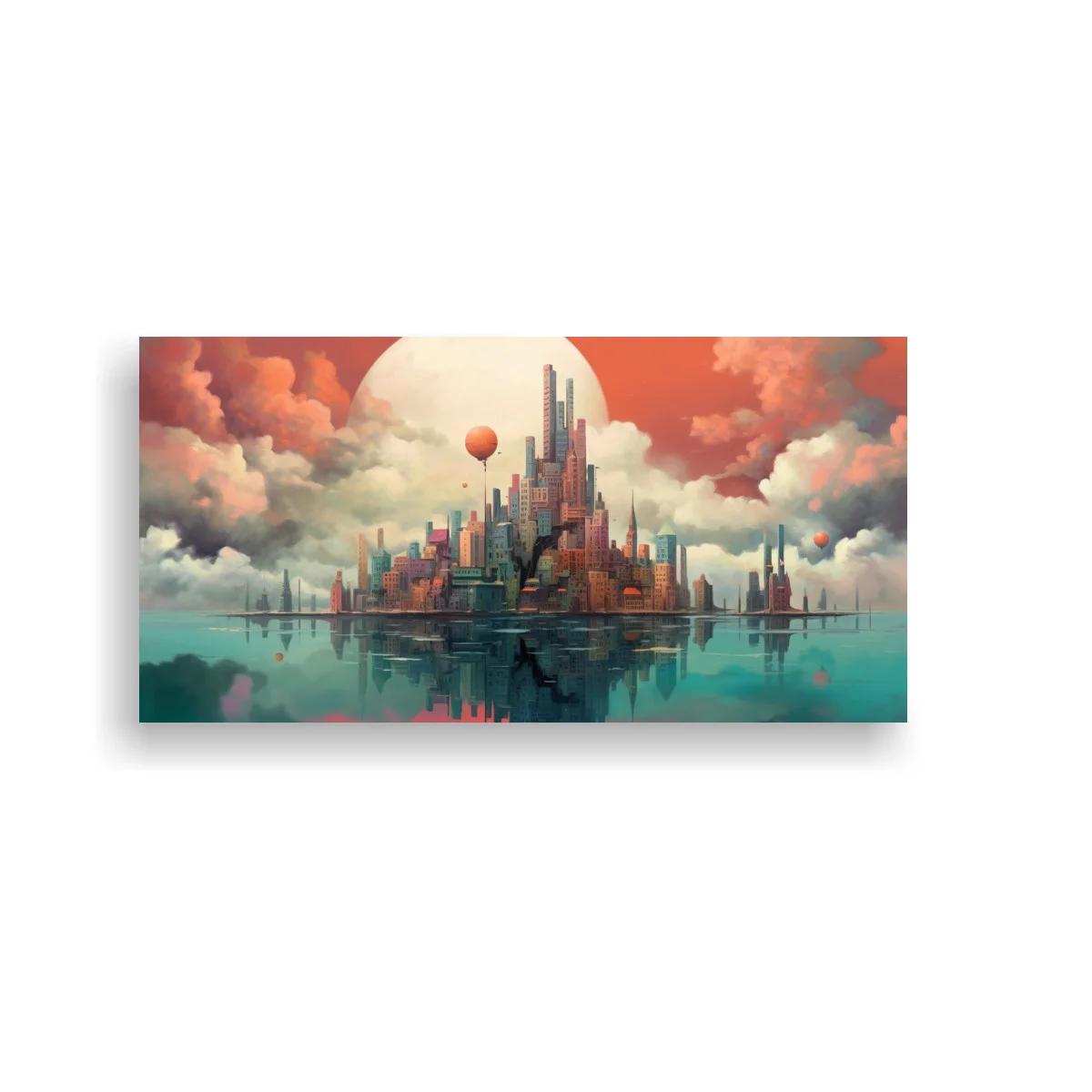 Cuadro ciudad futurista reflejada sobre agua calma