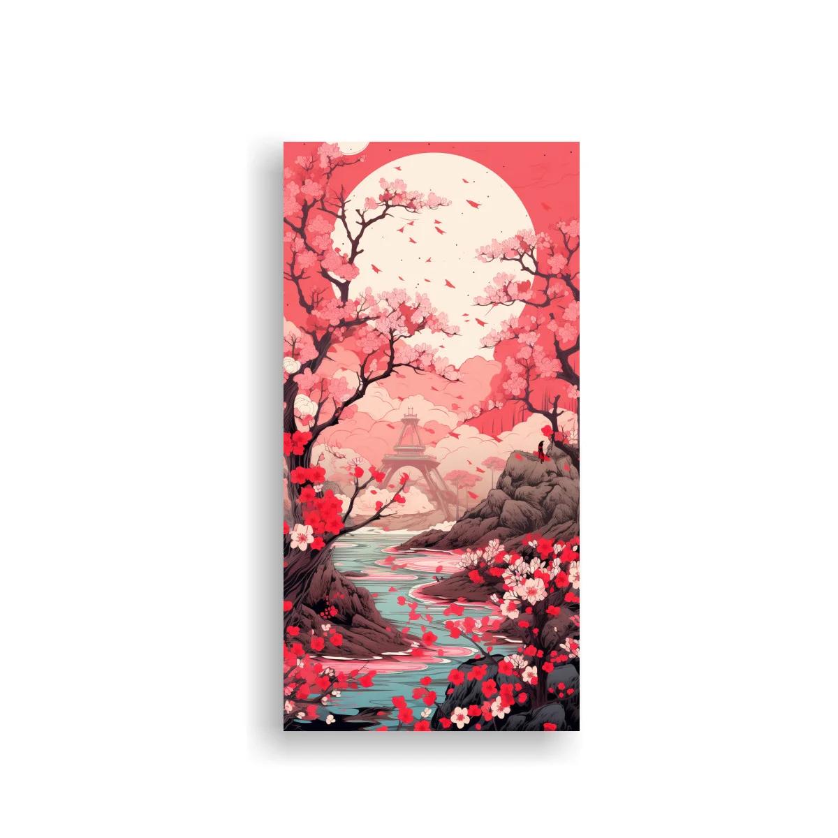 Cuadro paisaje con cerezos en flor y templo japonés