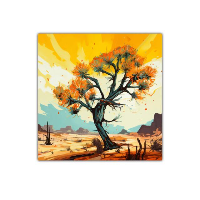 Árbol vibrante en paisaje desértico con tonos cálidos