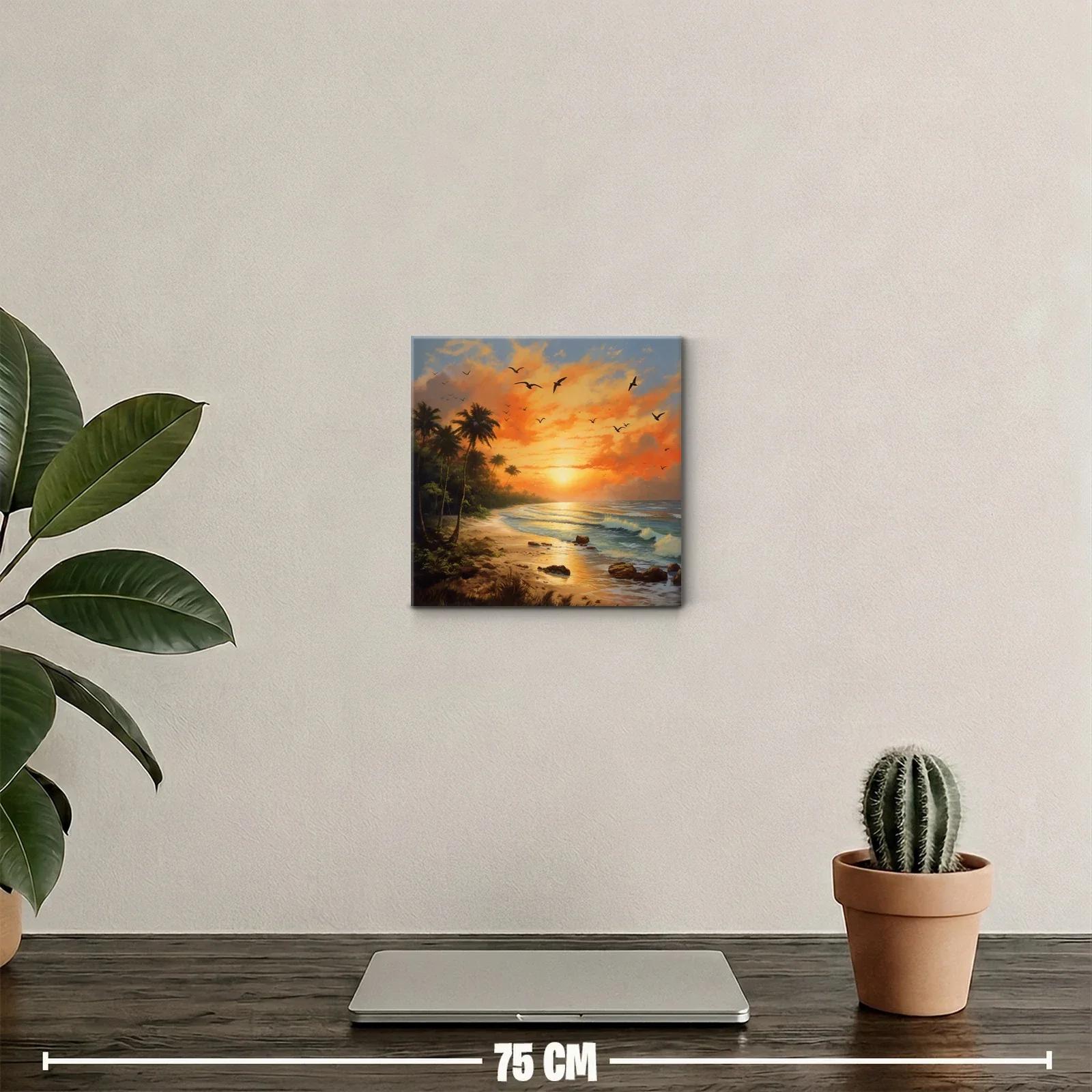 Atardecer tropical con palmeras y aves en vuelo — miniatura 2