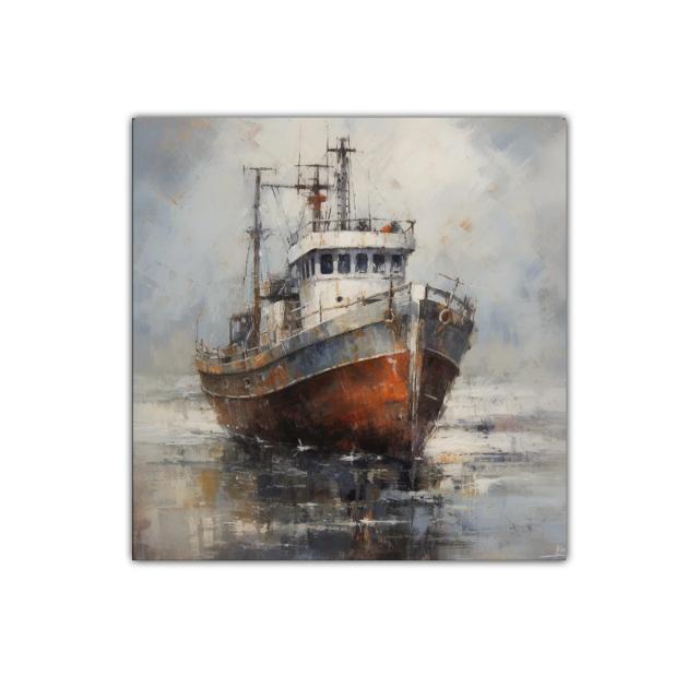 Cuadro barco antiguo en paisaje marino brumoso