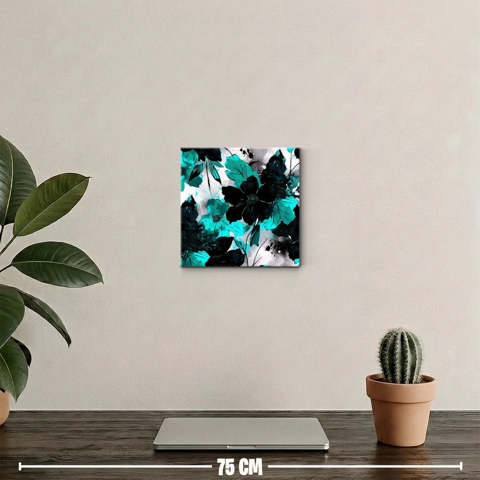 Cuadro decorativo floral en tonos turquesa y negro vibrante — miniatura 2