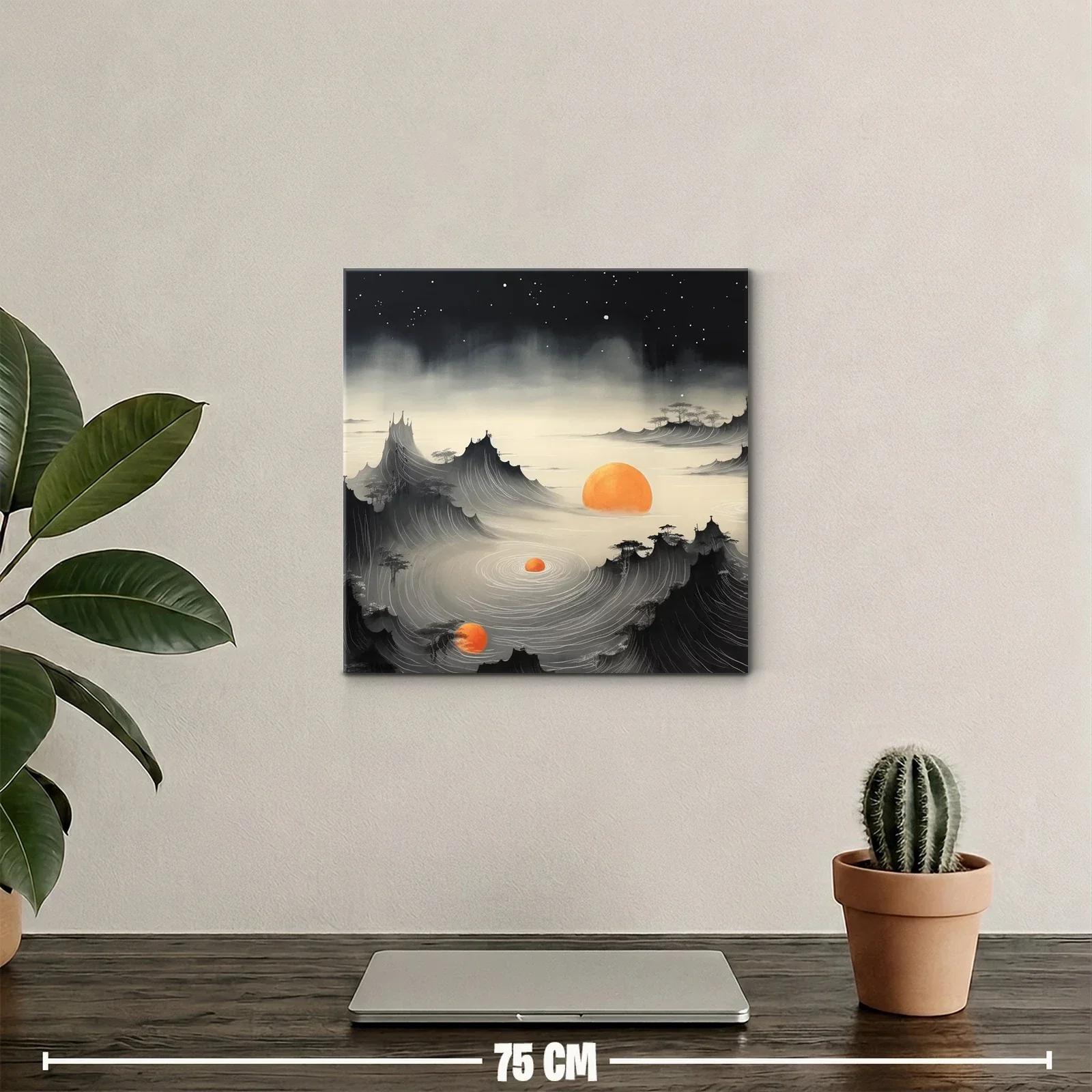 Paisaje onírico con montañas y soles naranjas brillantes — miniatura 2