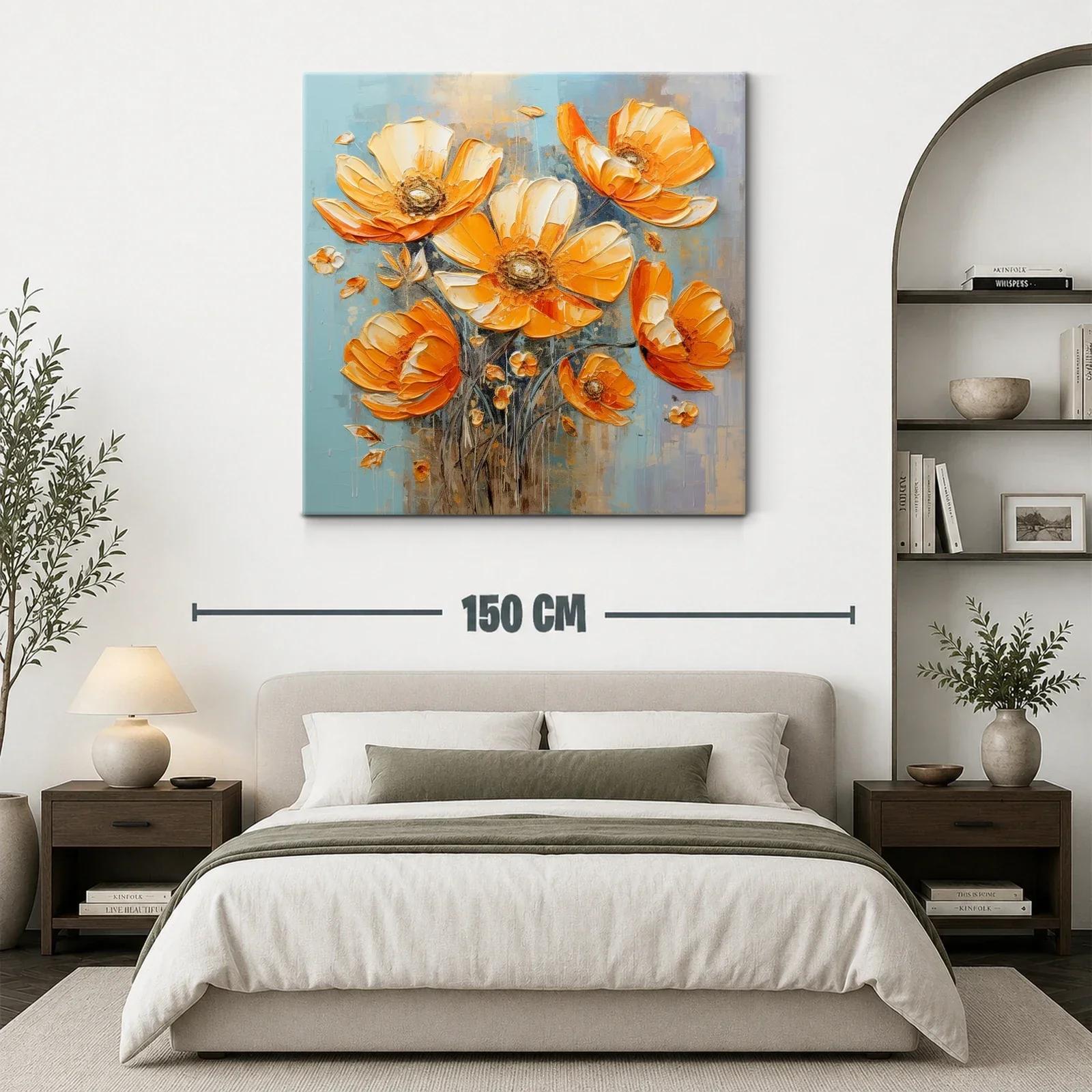 Cuadro floral vibrante en tonos cálidos y fondo azul — miniatura 3