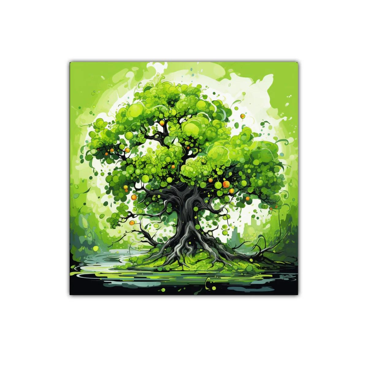 Árbol con vibrantes tonos verdes y detalles en naranja