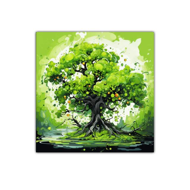 Árbol con vibrantes tonos verdes y detalles en naranja