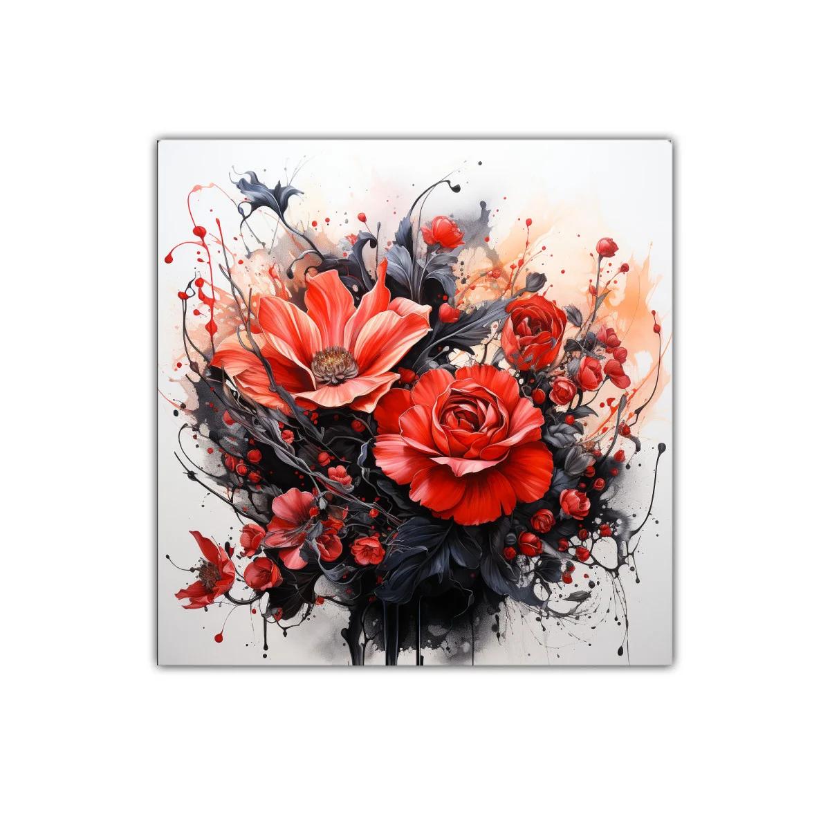 Cuadro floral en rojo y negro con detalles vibrantes