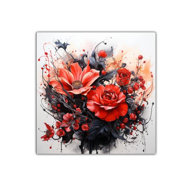 Cuadro floral en rojo y negro con detalles vibrantes