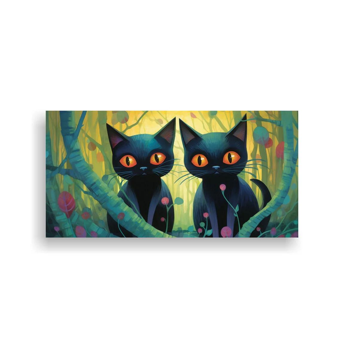 Cuadro dos gatos negros entre ramas