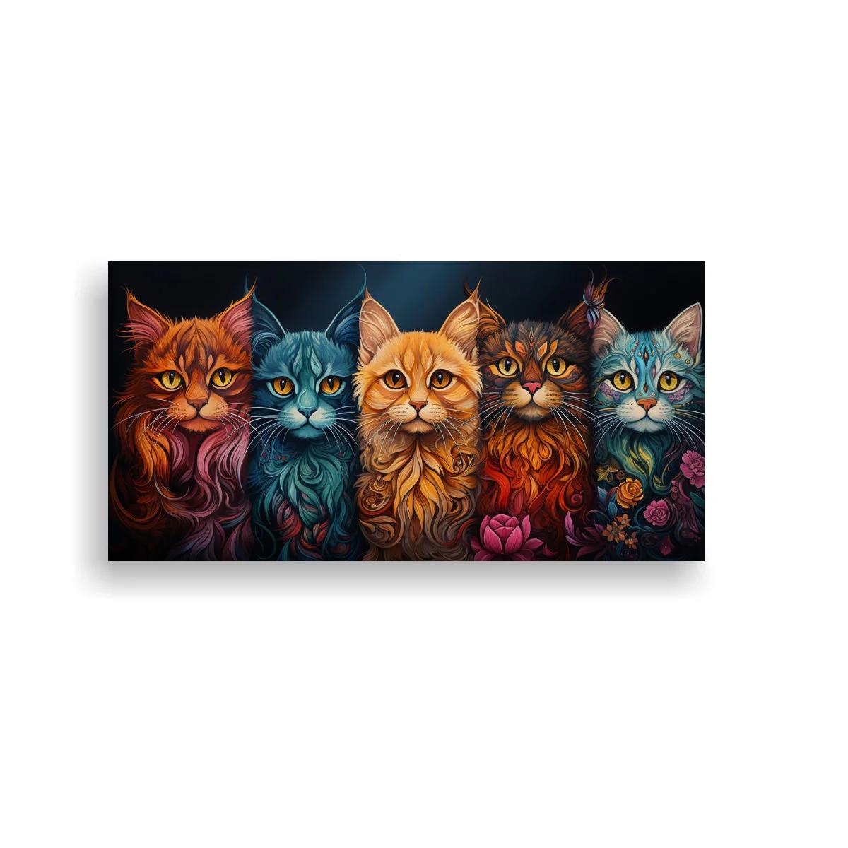 Cuadro grupo de gatos de colores con flores rosadas