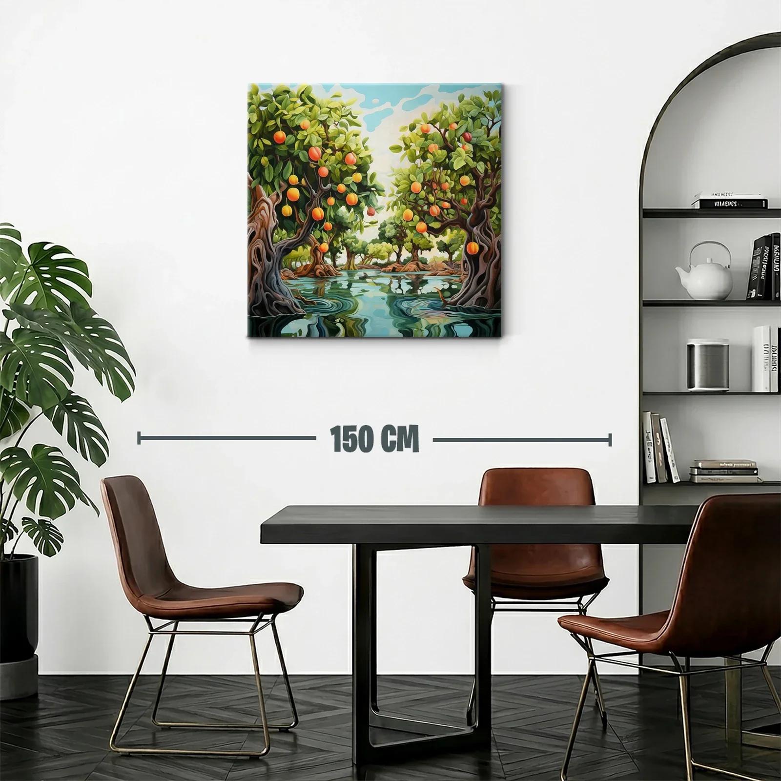 Cuadro de paisaje con árboles frutales y agua serena — miniatura 2